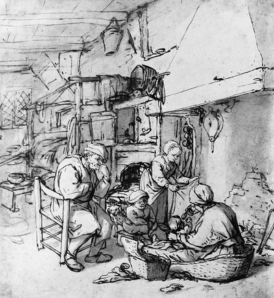 Moeder die pasgeboren baby met lepel voedt door Adriaen Jansz. van Ostade